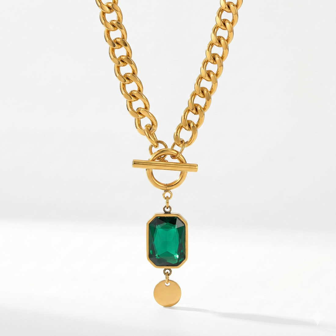 Chunky Chain Emerald Gold Pendant Necklace