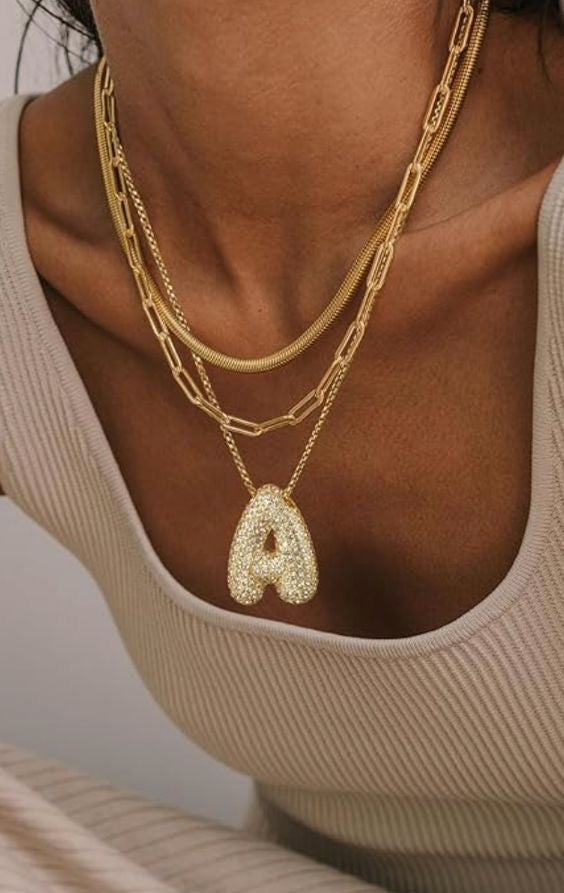 Bubble letter initial necklace set - Gold