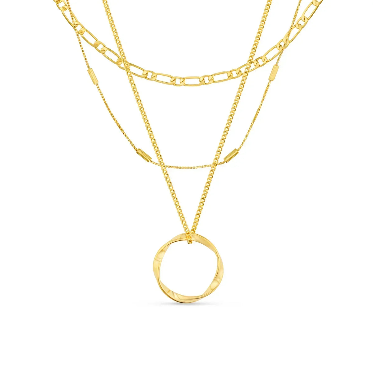 Open Circle Three Row Necklace - Gold