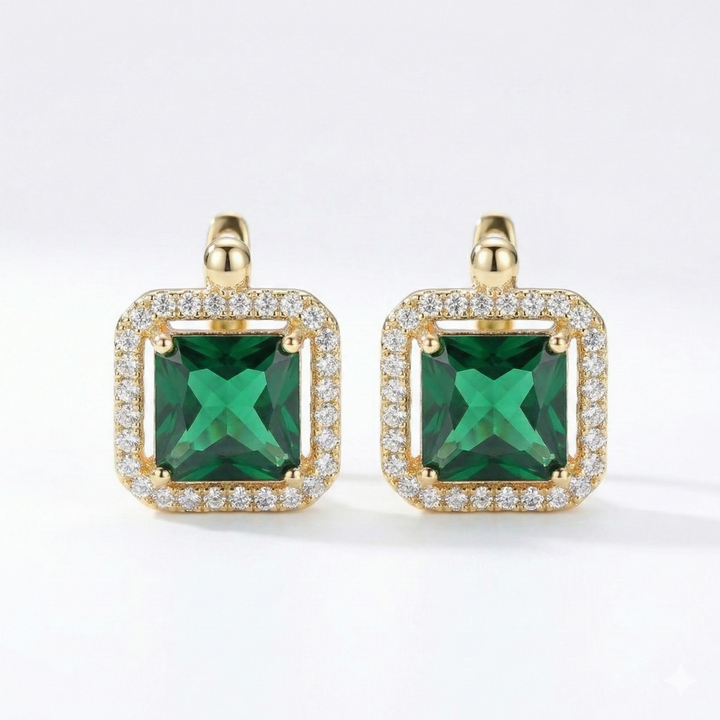 Golden Green Square Zirconia Gold Earrings