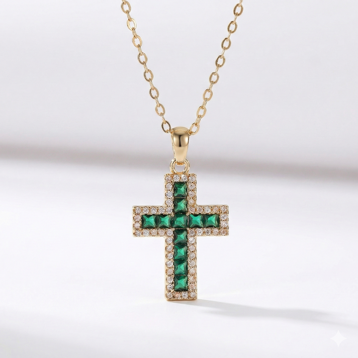 Solene Emerald Cross Pendant Gold Necklace