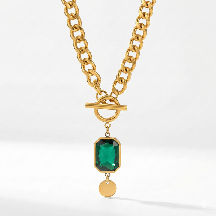 Chunky Chain Emerald Gold  Pendant Necklace