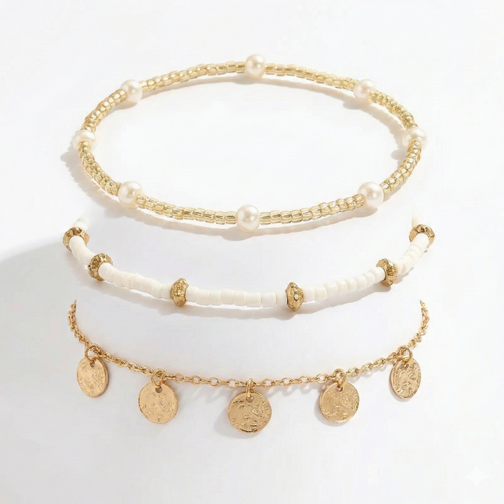Coastal Charm 3-Piece Layered Anklet Set | Gold