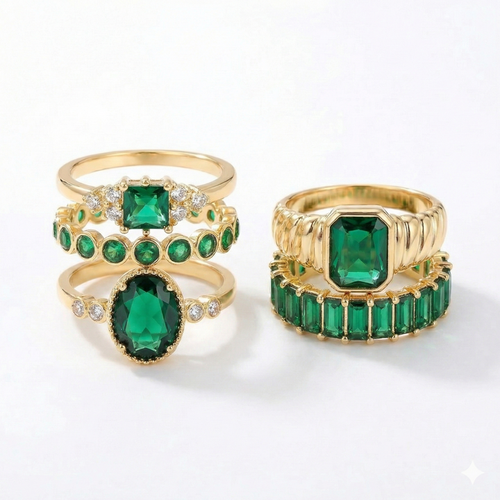 Zarina Exquisite Emerald Gold Ring Set